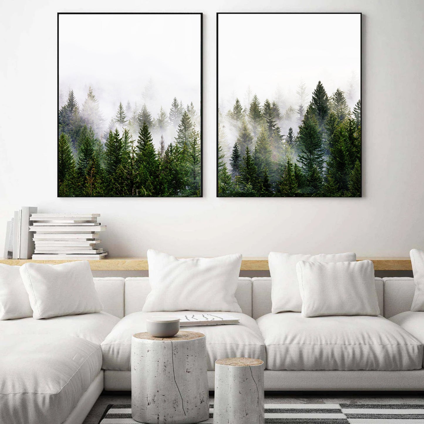 Two piece forest in fog in white living room.