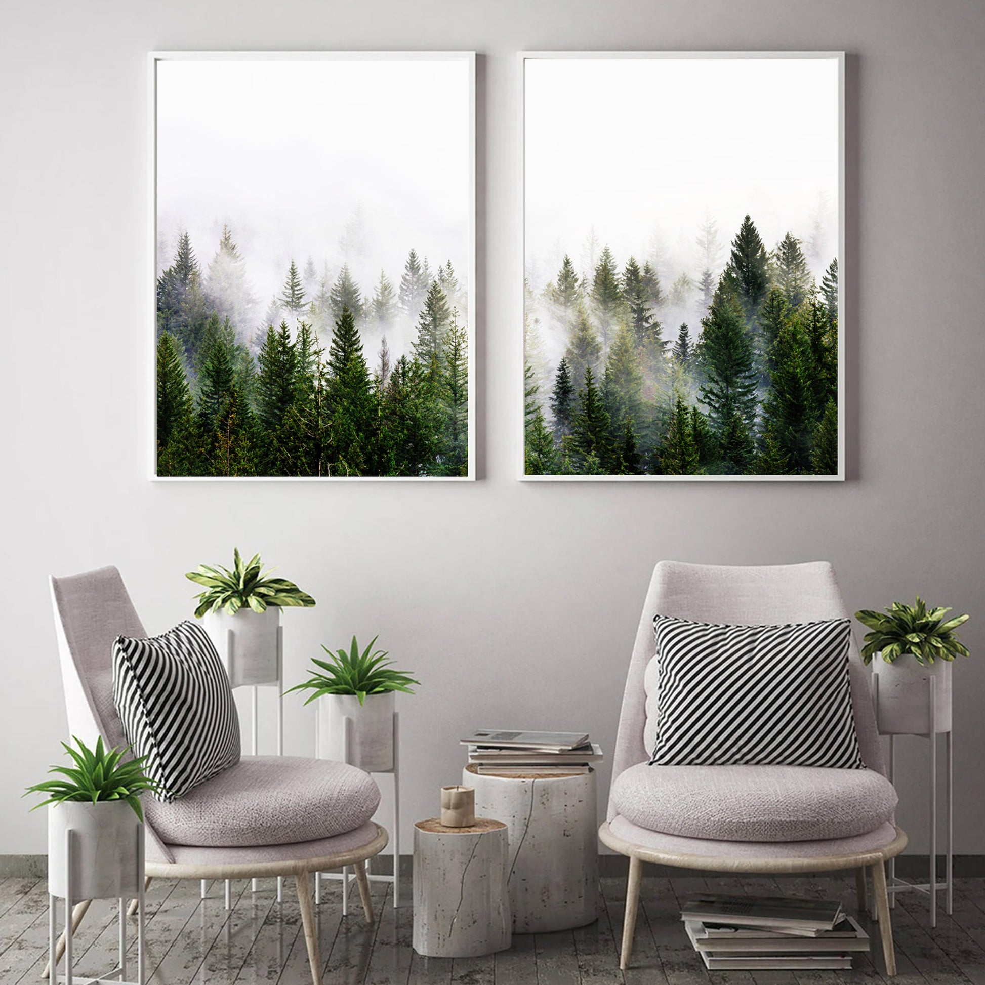 Nordic forest in fog in white color frames 50x70 cm.