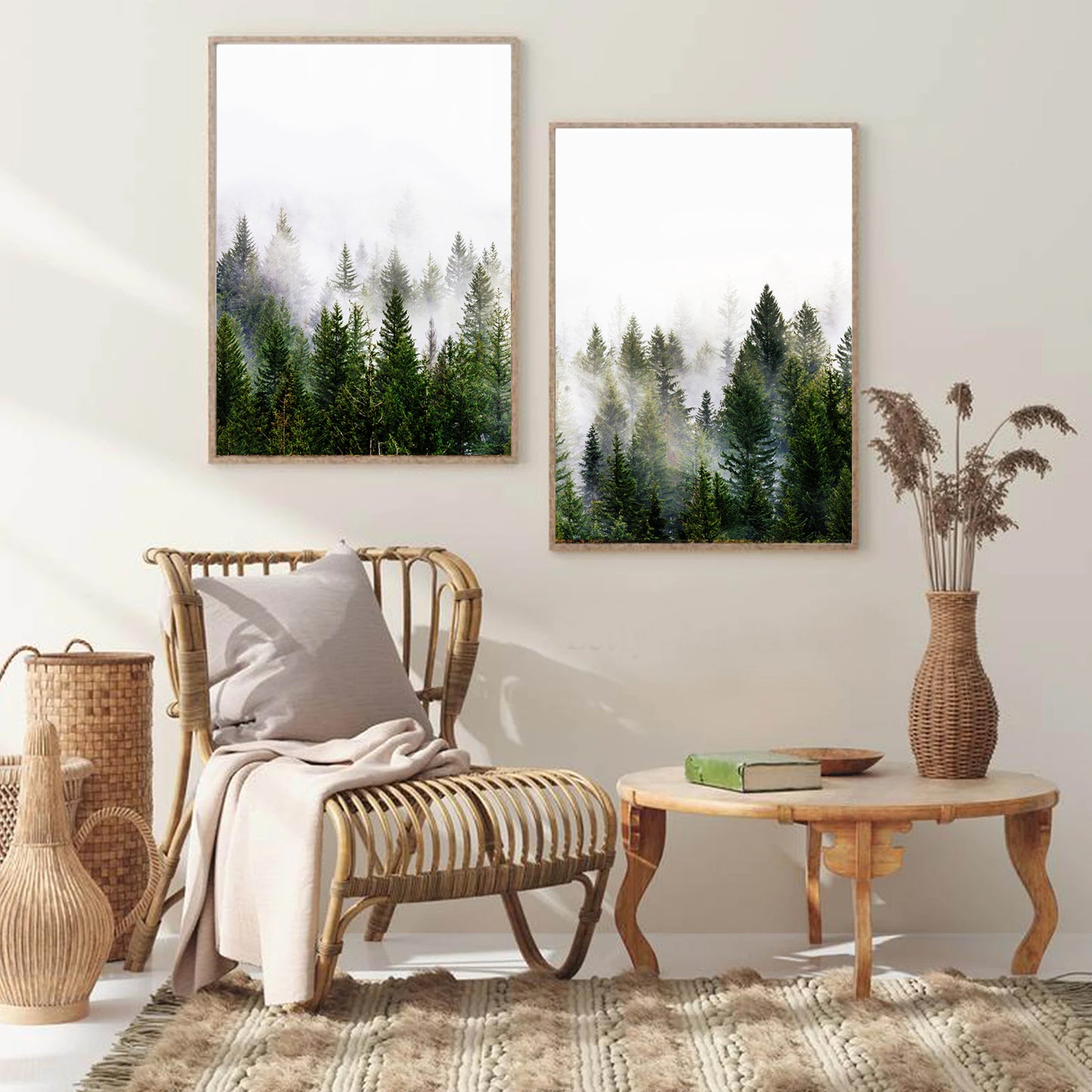 Nordic forest in fog print set in wood color frames 60x90 cm.